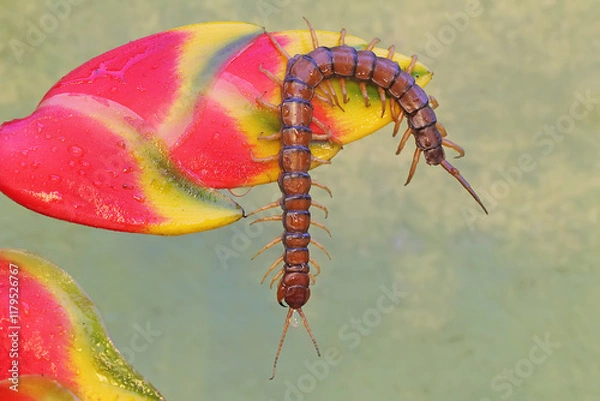 Fototapeta A centipede is looking for prey in wild banana flowers.. This multi-legged animal has the scientific name Scolopendra morsitans.