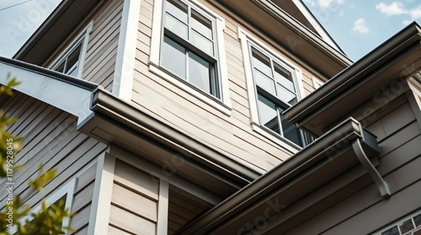 Fototapeta Low-angle view of a light beige house's exterior, showcasing its siding, windows, and gutters.  The image focuses on the upper section of the house, highlighting architectural details.