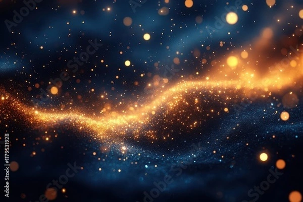 Fototapeta ethereal golden light particles dancing in deep blue space, abstract bokeh background with magical floating elements and soft glow effect
