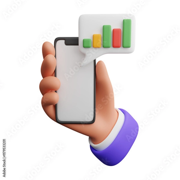 Obraz Hand holding smartphone with growth chart 3d illustration