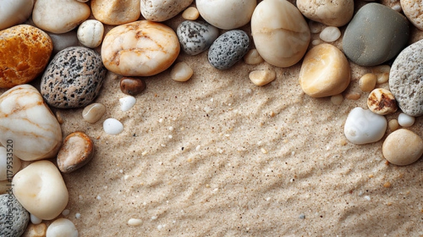 Fototapeta pebble stones on sand background, top view with copy space