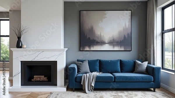 Fototapeta Cozy living space with warm glow from crackling fireplace, complemented by plush blue velvet couch and elegant gray & white rug
