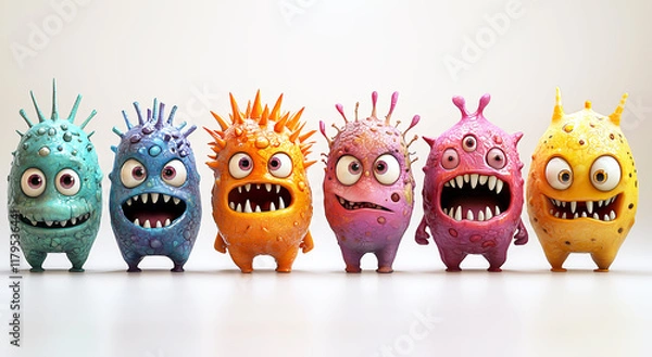 Fototapeta Set of creative 3D viruses and germs on white background