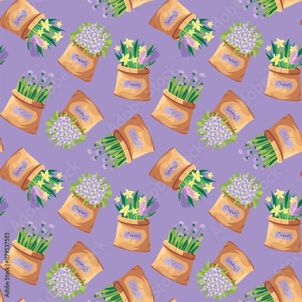 Fototapeta Seamless pattern, flowers pansies, narcissus, hyacinth, echinops, in paper bag, design for fabric, packaging. Vector.