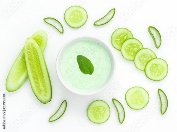 Fototapeta Natural ingredient for skincare and scrub with cucumber, avocado and mint isolated on white background