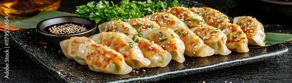 Fototapeta Deliciously cooked dumplings served on a black stone plate with a side of dipping sauce and garnished with fresh greenery and sesame seeds