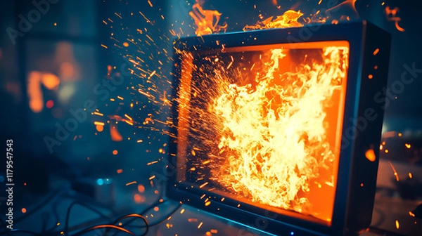 Fototapeta A television screen bursts with flames and sparks, creating a dramatic visual effect.