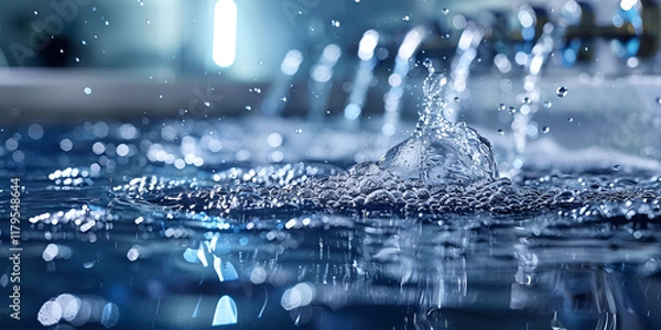 Obraz Freshwater splashing in industrial purification system, Close-up of clean water flow in filtration process