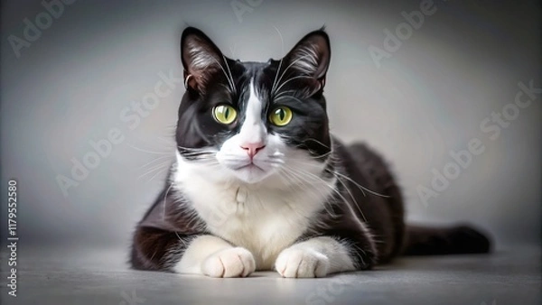 Obraz Elegant Black and White Cat Posing on Ground - High-Resolution Stock Photo