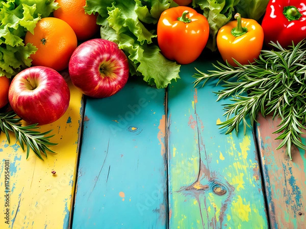 Fototapeta Vegetables on blue wooden kitchen with copy space. Top view, 