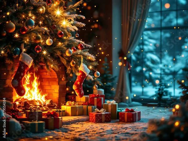 Fototapeta A beautiful house with a decorated Christmas tree, gifts and a lit fireplace. An atmosphere of coziness and magic,    