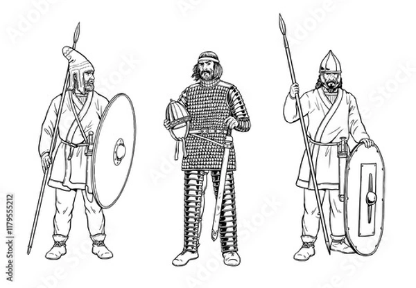 Fototapeta Heavily armed Parthian warrior with guard. Historical drawing with antique warriors.

