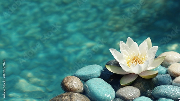 Fototapeta Beautiful white lotus flower blooming on turquoise water with zen stones creating peaceful spa atmosphere and meditation concept