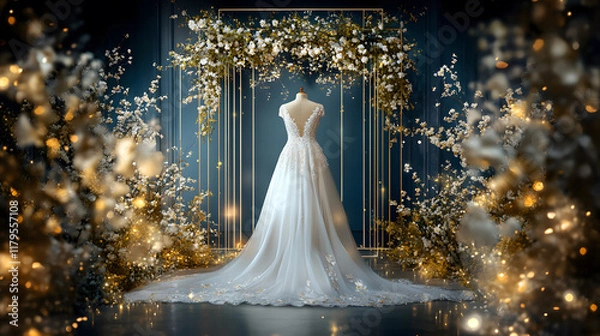 Fototapeta elegant wedding dress displayed in floral setting with soft lighting