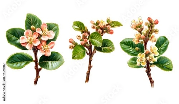 Fototapeta Three vector illustrations of flowers and leaves on a white background: a pink sandalwood flower, green leaves, and a brown branch with green leaves, all in a watercolor style, hand-drawn, high 