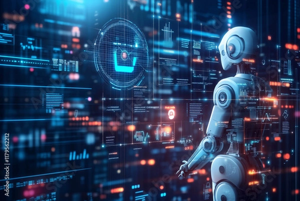 Fototapeta a smart humanoid robot with artificial intelligence interacting with a hologram digital interface screen