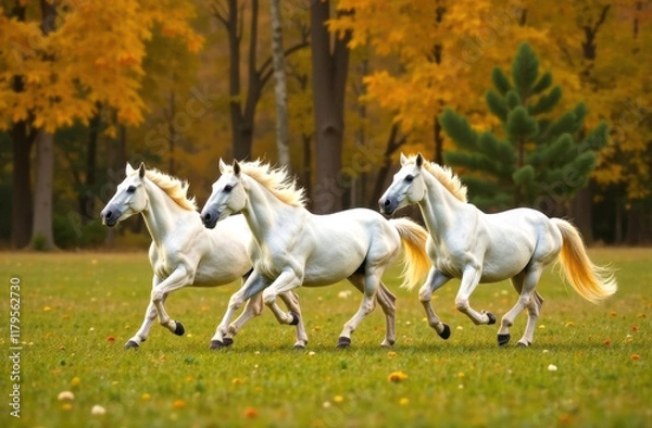 Fototapeta White horses run across an autumn meadow against the backdrop of an autumn forest.