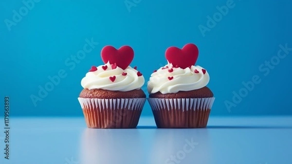 Obraz Sweet Valentine's Cupcakes with Heart Decorations on Blue Background, valentine day