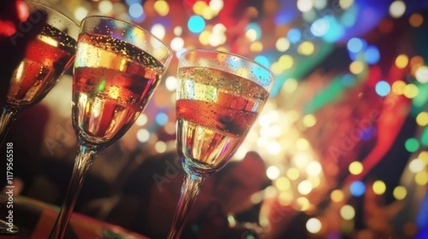 Obraz Cheers to Celebration: Sparkling Drinks Highlighting a Vibrant Party Atmosphere with Colorful Lights and Joyful Moments