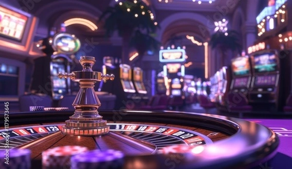 Obraz Roulette wheel with purple and red chips, white numbers, in casino setting with blurred background.