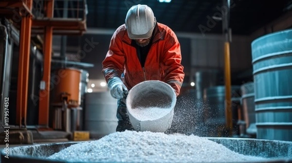 Fototapeta Industrial Worker Handling White Granular Material in Factory