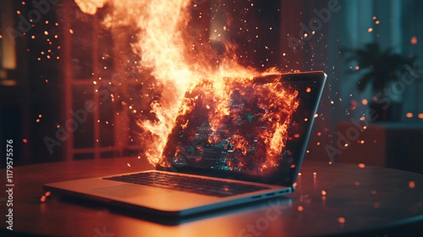 Fototapeta A laptop engulfed in flames, representing a technological failure or hazard.