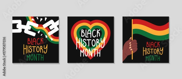 Fototapeta Black history month celebration cards set. Greeting square post background for Social media. Simple background with broken shackles, chains and African flag, hands and heart. Vector flat illustration.