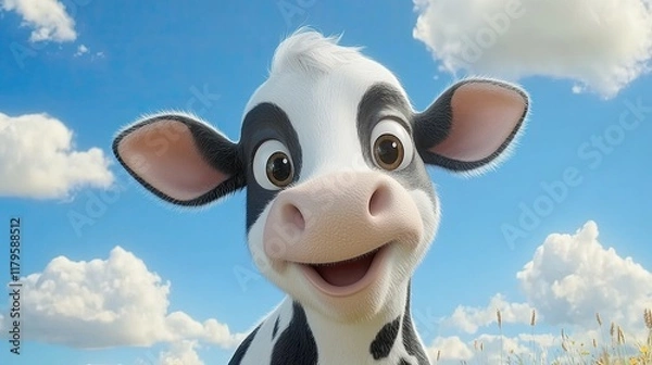 Obraz Silly cow with a white face and black spots looks playfully forward adorned by a vibrant nature scene and sunny skies above