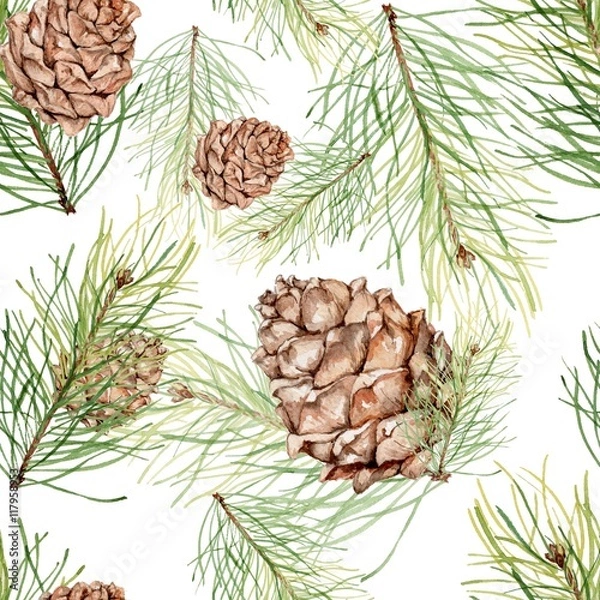 Obraz Seamless pattern with pine cones and pine branches. Watercolor painting. Handmade drawing. For the Christmas design and decoration