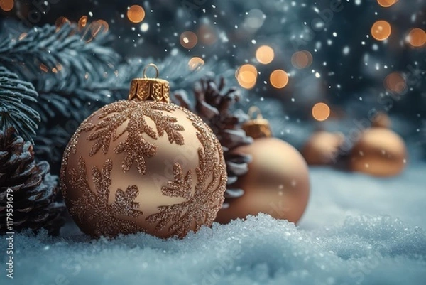 Fototapeta magical christmas evening scene with glowing golden ornaments, twinkling lights and shimmering glass ball decorations against bokeh winter background