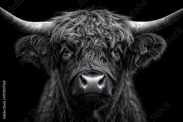 Fototapeta majestic highland cattle portrait in dramatic black and white close-up of long-horned scottish cow with detailed fur texture in moody natural light