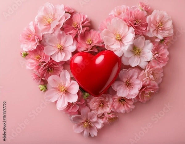 Obraz a red heart is surrounded by pink flowers on a soft pink background