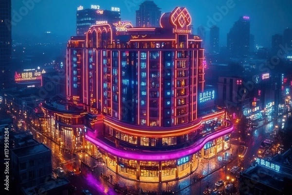 Fototapeta luxurious night scene of modern casino building exterior with dramatic lighting neon signs and elegant architecture design