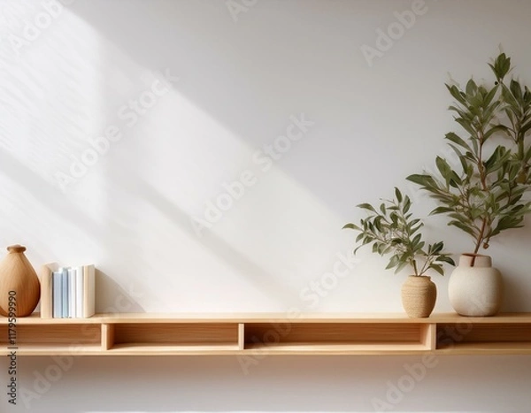 Obraz minimalist white virtual background features a beautifully crafted wooden bookshelf with empty shelves perfect for showcasing products books or decorative items