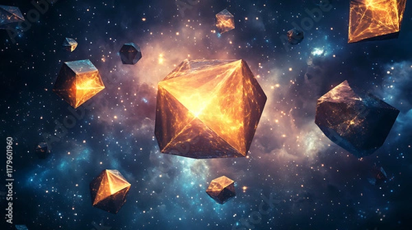 Fototapeta Abstract depiction of glowing geometric shapes floating in a cosmic space.