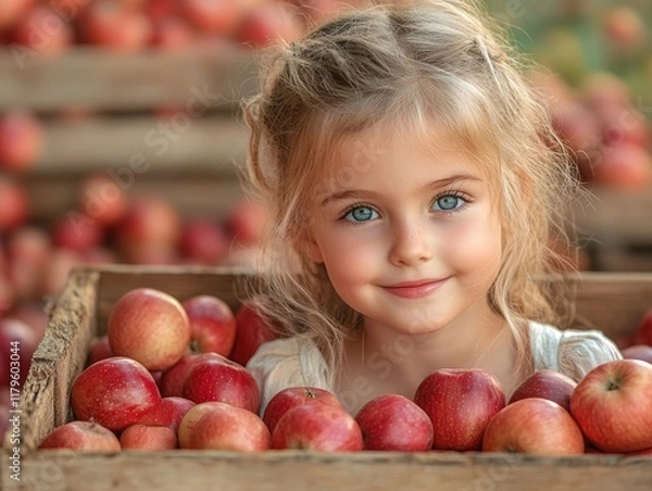 Fototapeta Charming young girl with blue eyes collecting fresh red apples in wooden crates on green grass in an apple orchard with soft sunlight ambiance