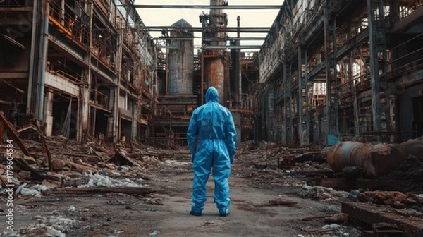 Fototapeta Men in blue protective overalls surveying an abandoned industrial site reflecting environmental pollution and ecological catastrophe with debris and empty spaces for text