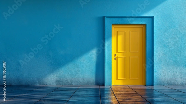 Fototapeta Yellow Doorway in a Blue Room With Wood Flooring. Generative AI