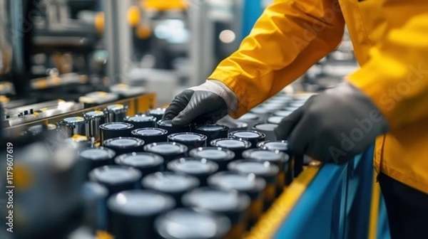 Fototapeta lithium battery, Factory Worker Handling Cylindrical Components in Manufacturing Process