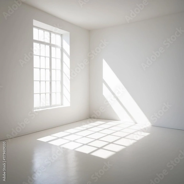 Fototapeta A sunlit white studio room with shadows, providing an empty canvas for design and a clean, minimalist white background