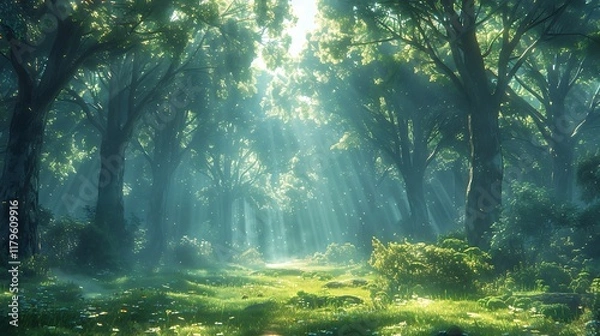 Fototapeta Sunlit Forest Path Magical Green Woodscape