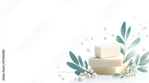 Obraz Gentle Soap Bars with Eucalyptus Leaves and White Flowers on White Background