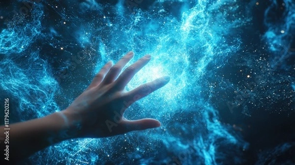 Fototapeta A hand reaching towards a luminous blue cloud represents the concept of digital storage and data transfer in a modern technological landscape, conveying innovation and co