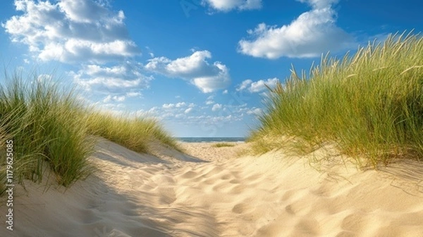 Fototapeta Serene summer sand dunes landscape with blue sky and fluffy clouds, vibrant green grass framing a sandy pathway leading to the ocean.