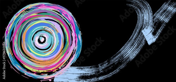 Fototapeta abstract colorful background composition, with circle and stripes, paint strokes and splashes, design template, on black