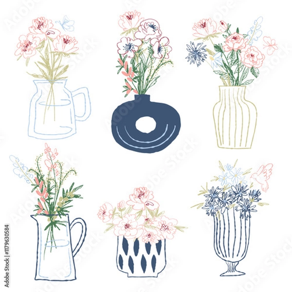 Fototapeta Collection of stylish flower arrangements in decorative vases. Ideal for creative projects, prints, and home decor accents