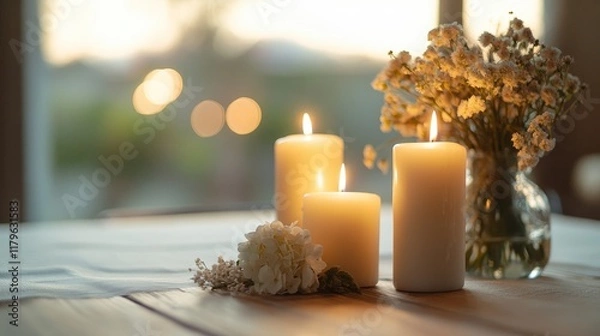 Fototapeta The aromatherapy candles on the wooden table, white tablecloth, exquisite floral arrangement, soft lighting, and blurry background create a peaceful and warm atmosphere
