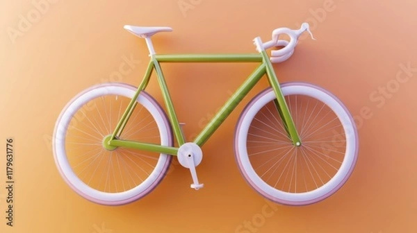 Fototapeta A vibrant, minimalist bicycle in green and white, mounted against a warm orange background, highlighting its sleek design and modern aesthetics.