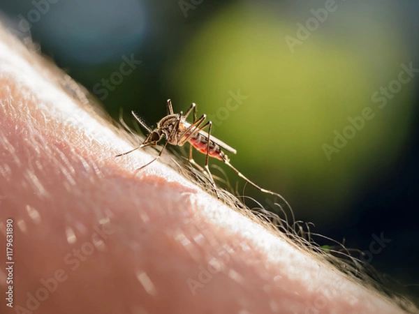 Obraz Mosquito biting a man's arm, close up macro.