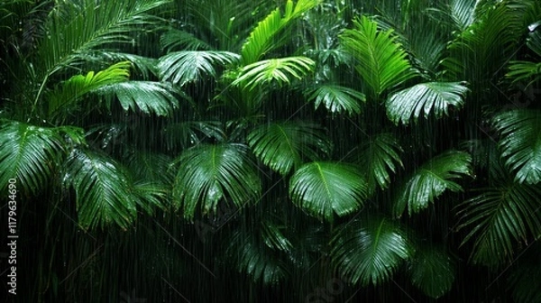 Fototapeta Glistening wet green palm fronds, adorned with raindrops, create a vibrant and refreshing scene during a downpour in a lush tropical rainforest, showcasing nature's beauty and tranquility